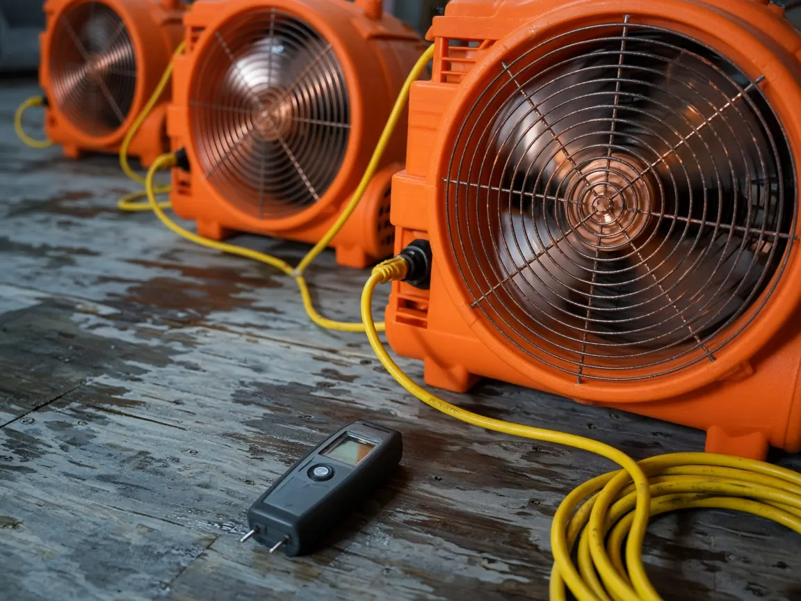 Air movers drying a water-loss floor