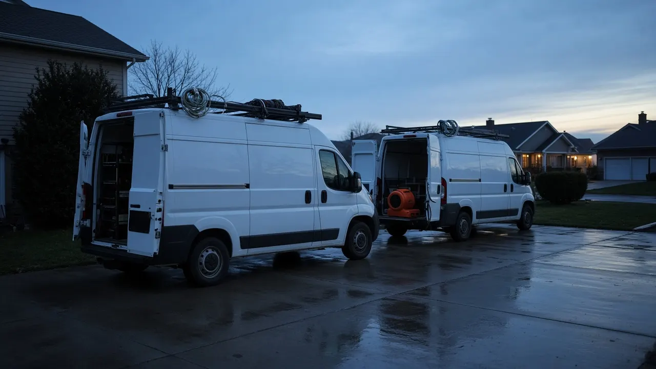 Restoration vans staged for dispatch